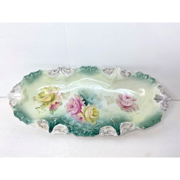 RS Prussia FLORAL 9.5” Dish GREEN ACCENT, Vintage - Picture 1 of 12
